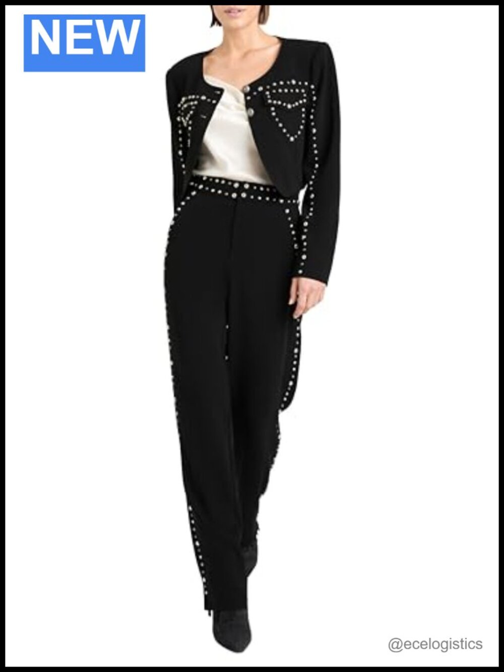 Studded Wool Drapey Crepe Cropped Jacket Long Sleeve